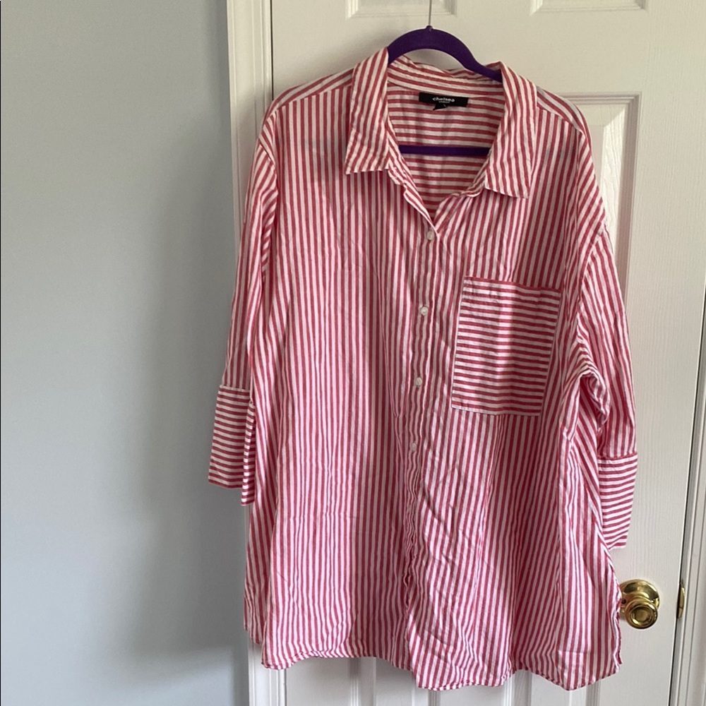 Red & White Casual Button Down Shirt with Stripes 100% Cotton Long Length Tunic